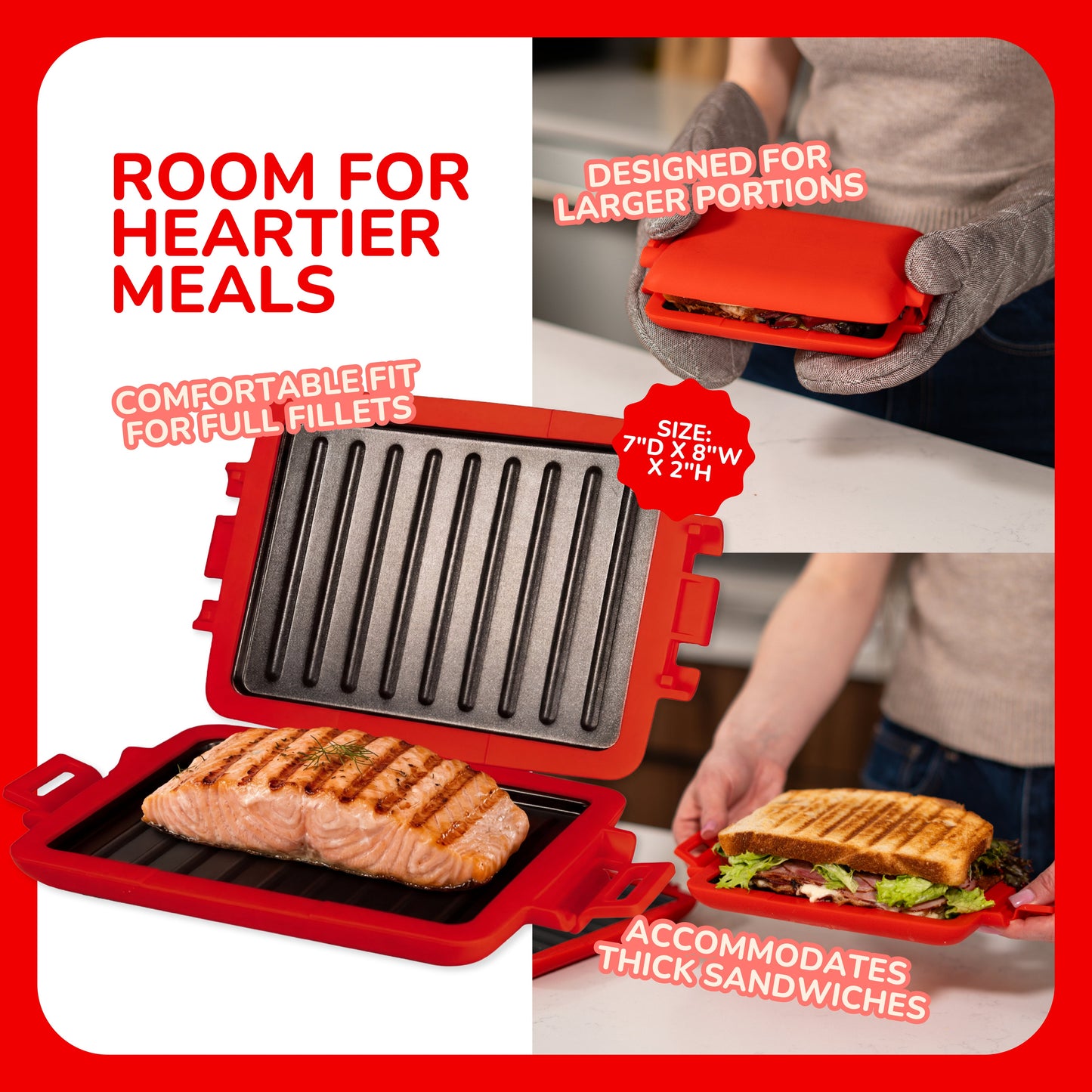 Micro Grill Max™ 電子レンジ用グリル＆サンドイッチメーカー – パニーニ、ステーキ、魚の切り身用大型電子レンジ調理器 – 電子レンジ対応、BPAフリー、食洗機対応 – 大きめのパンや食事に対応する大容量サイズ