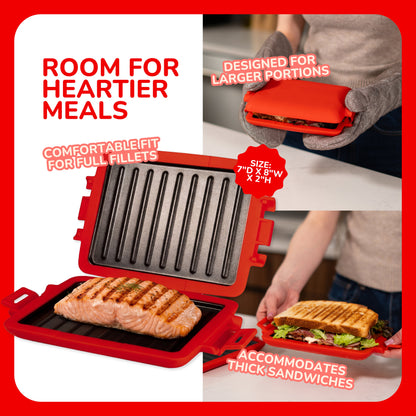 Micro Grill Max™ 電子レンジ用グリル＆サンドイッチメーカー – パニーニ、ステーキ、魚の切り身用大型電子レンジ調理器 – 電子レンジ対応、BPAフリー、食洗機対応 – 大きめのパンや食事に対応する大容量サイズ