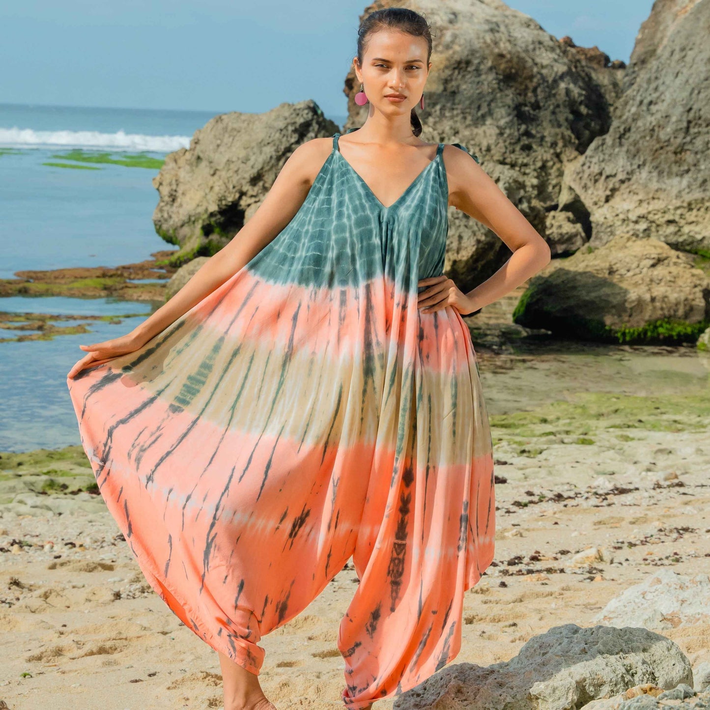 Tie Dye Stripe Romper - Pink & Grey