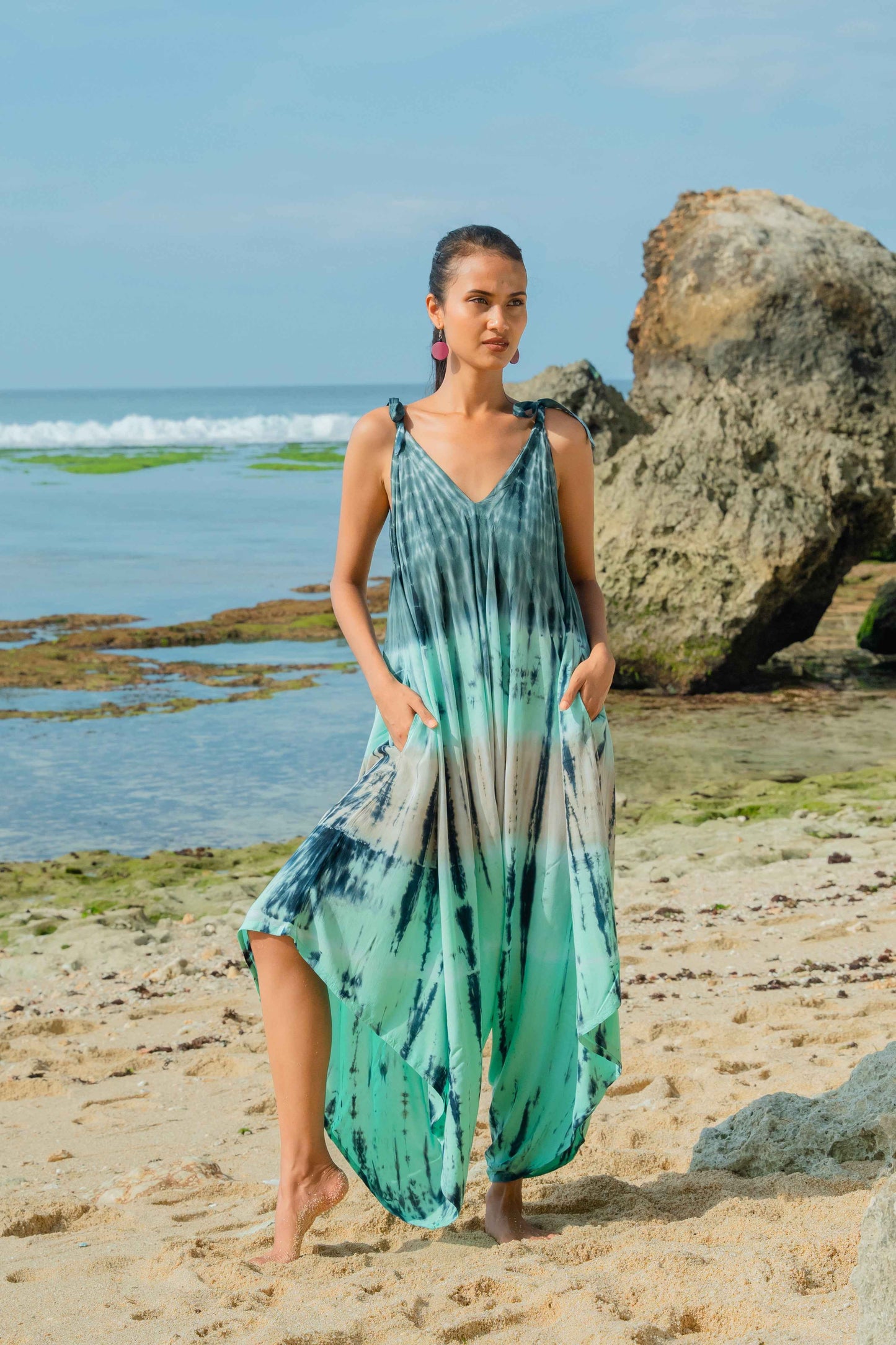 Tie Dye Stripe Romper - Turquoise & Grey