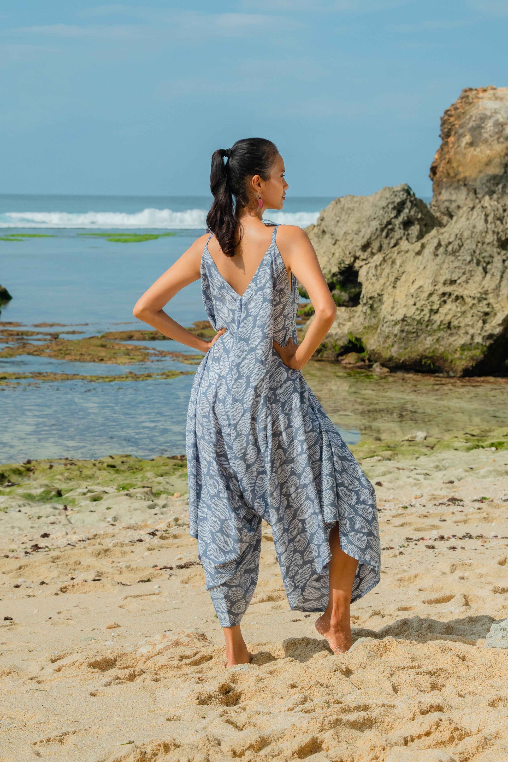 Leaf Print Romper - Grey & White