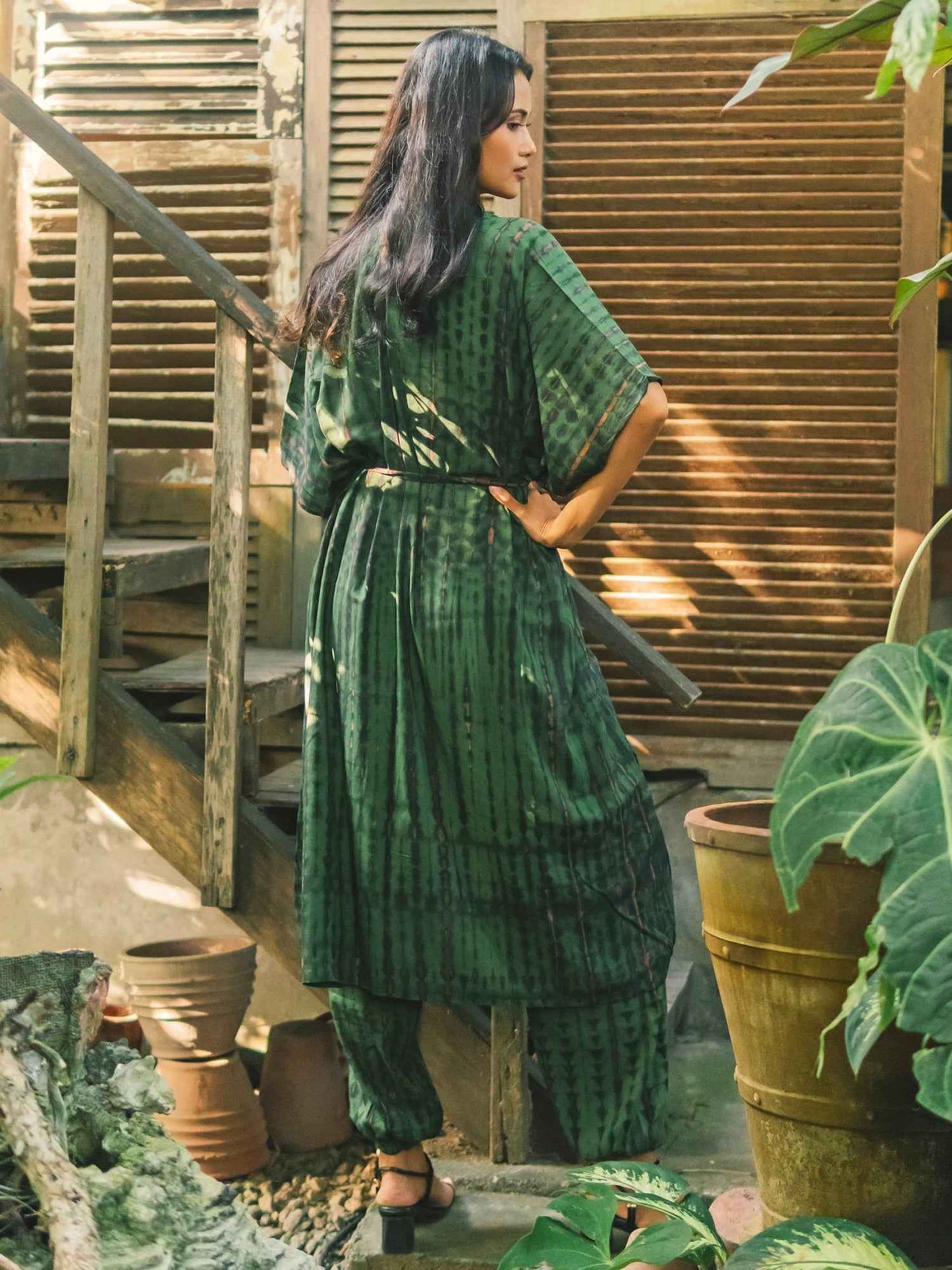 Tie Dye Long Kimono -Green & Gold