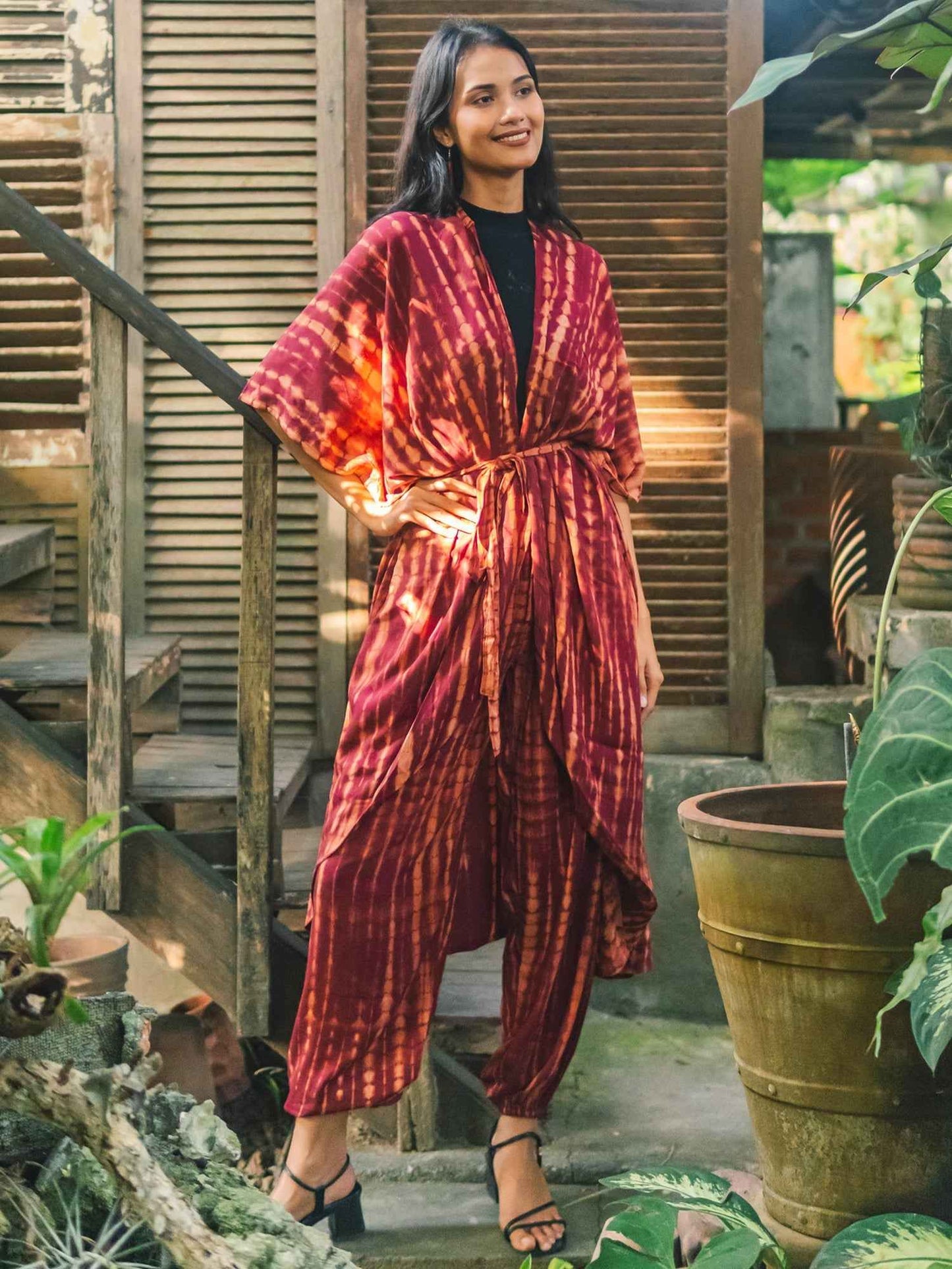 Tie Dye Long Kimono - Maroon & Gold