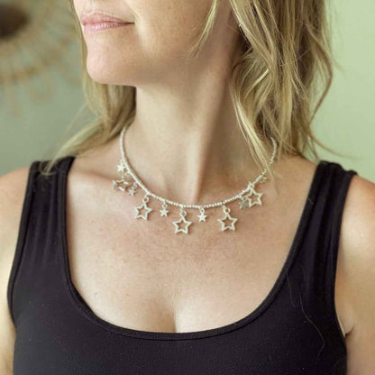 Silver Plate Short Charm Necklace With Drop Stars