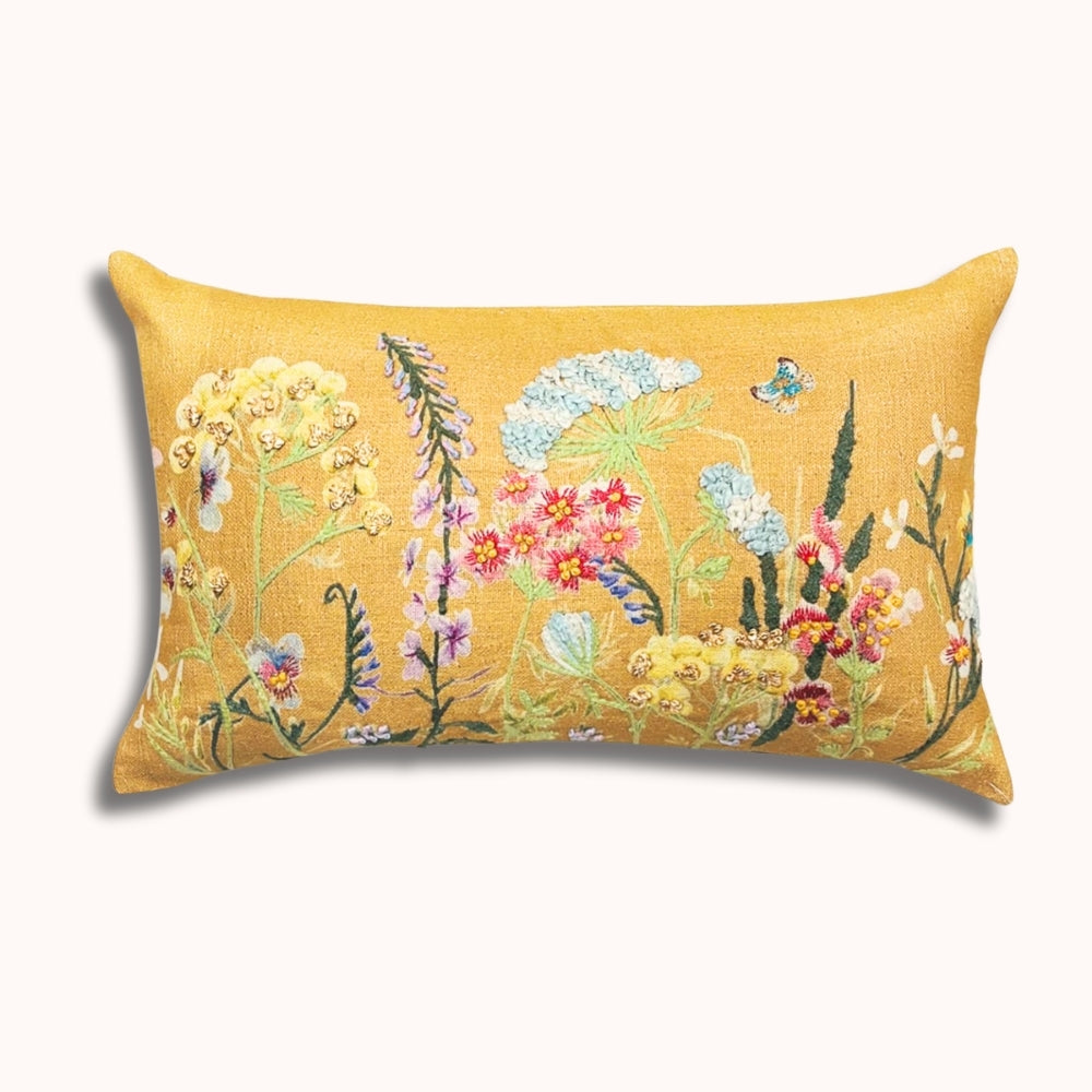 12x20" Besticktes Wildblumen-Lendenkissen – Vorderseite Baumwolle, Rückseite Papiersatin