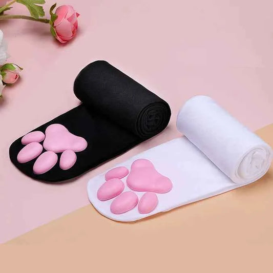 100D Knee Stockings with 3D Cute Cat Paw Paddings Anime Style Velvet Stockings