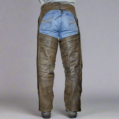 Open Road Men's Distressed Brown 4 Pocket Premium Leather Chaps