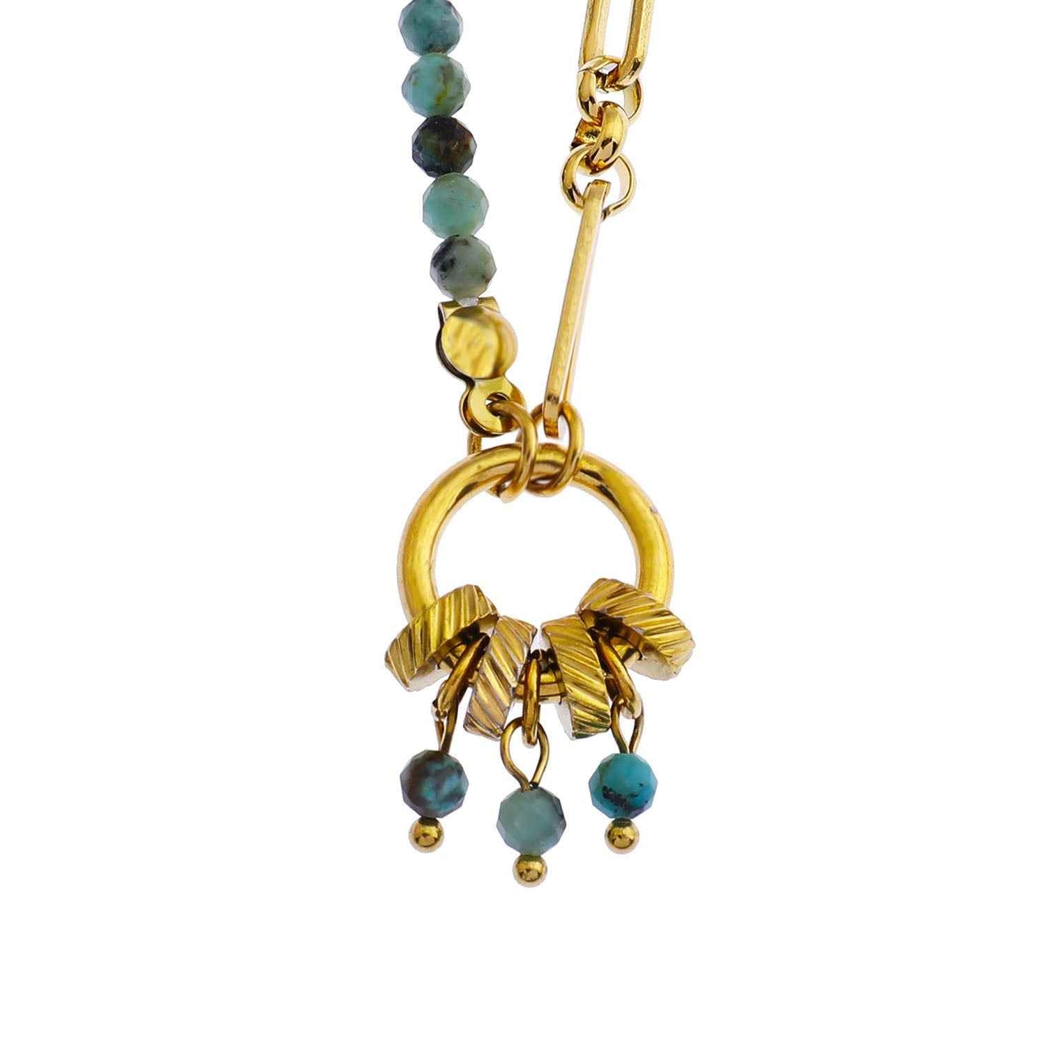 LYON: Boho-Chic African Turquoise Natural Stone Charm Pendant Gold Necklace