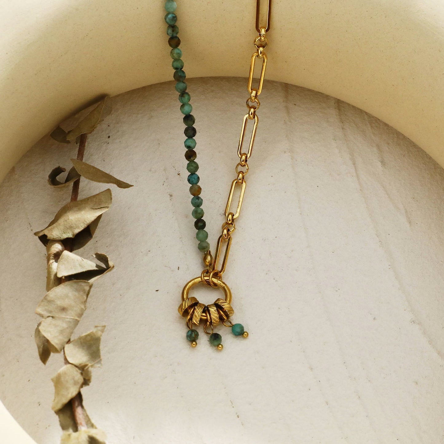LYON: Boho-Chic African Turquoise Natural Stone Charm Pendant Gold Necklace