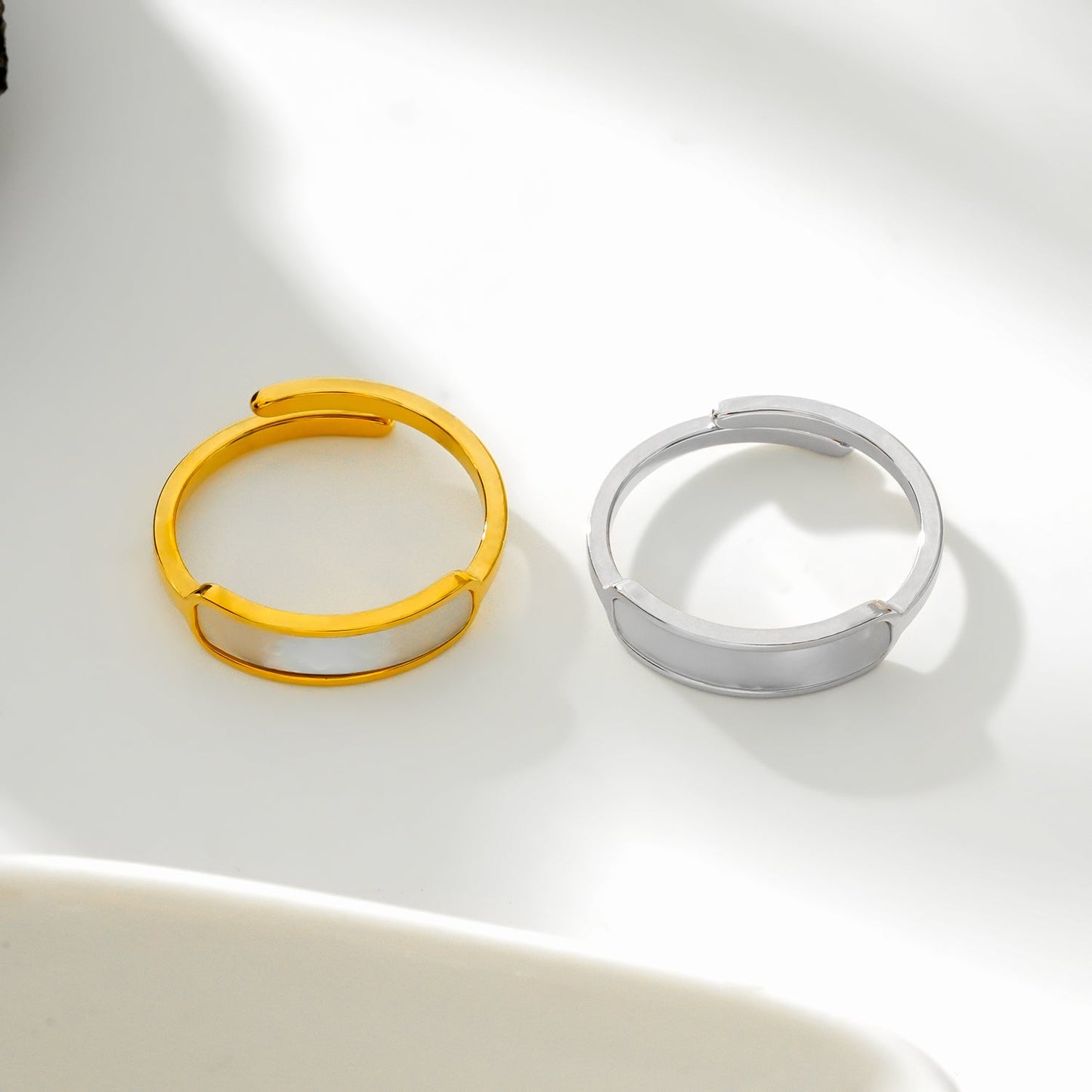 PEILLON White Gold (Silver Toned): Modern Minimalist Natural Shell Band Inset Ring