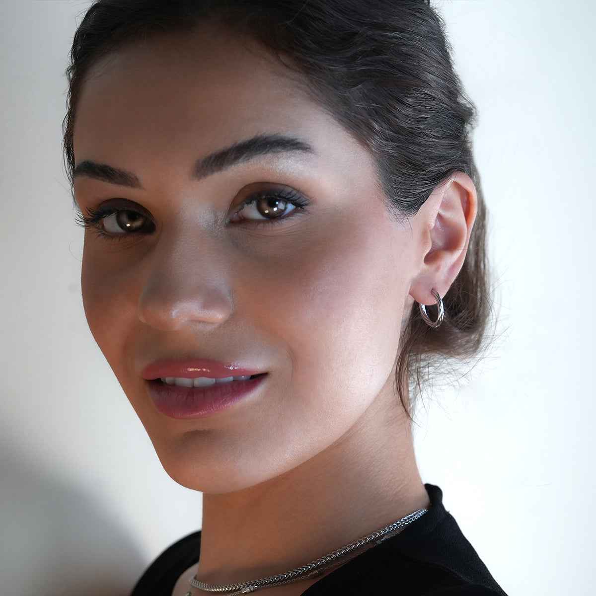 PURLEY: White Gold (Silver Toned) Richly Textured Modernist Mini Hoop Earrings