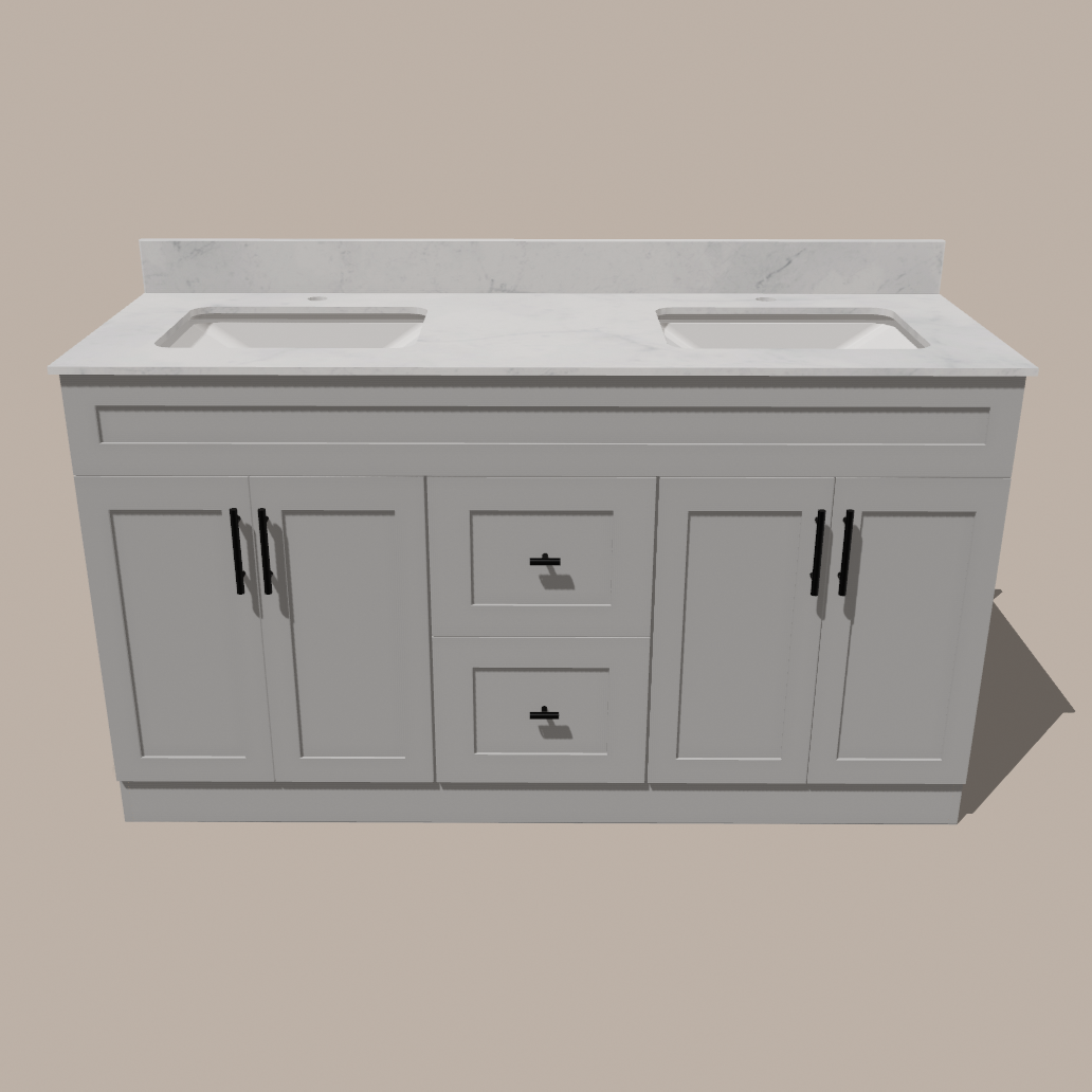 72-Inch Double Sink Shaker Bathroom Vanity — White or Gray | Plywood Cabinet, Solid-Wood Doors, Soft-Close 3-Way Clip-On Hinges | Center 2 Drawers