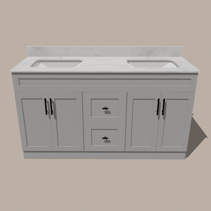 72-Inch Double Sink Shaker Bathroom Vanity — White or Gray | Plywood Cabinet, Solid-Wood Doors, Soft-Close 3-Way Clip-On Hinges | Center 2 Drawers