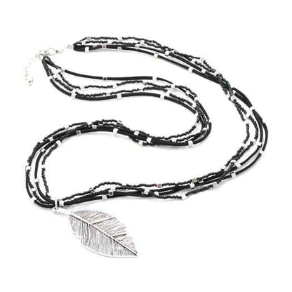 Suede & Beaded Necklace with Leaf Pendant