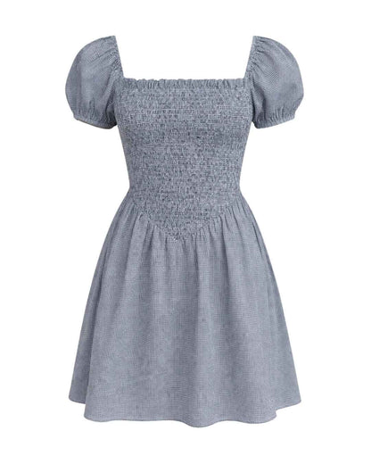 Ramona - Smocked Puff Sleeve Square Neck Dress Black Gingham