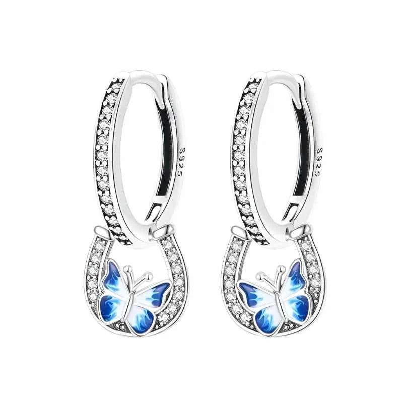 Lucky Charm Blue Butterfly Sterling Silver Hoop Earrings