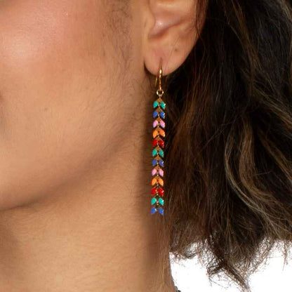 Multicolour Enamel Leaf Long Drop Earring