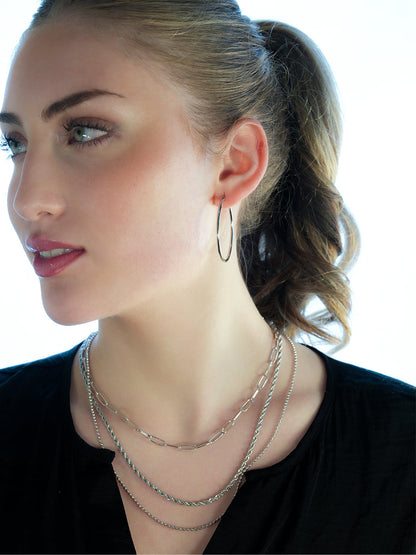 SELENE: Triple Layer Mixed Chain Necklace in Silver Toned White Gold
