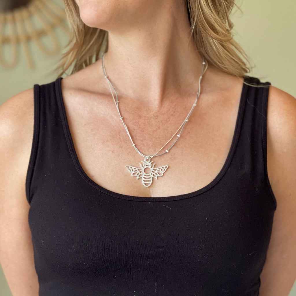 Double Stranded Necklace With Bee Pendant in Silver Plate