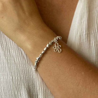 Flower Charm Nugget Bracelet in Silver Plate
