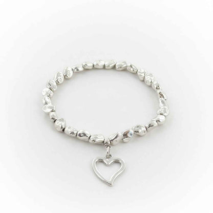 Heart Charm Nugget Bracelet in Silver Plate