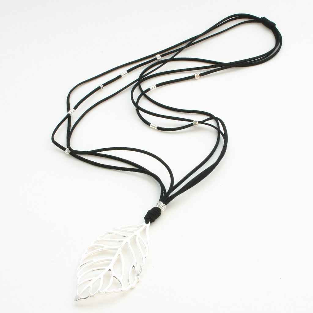 Suede Necklace With Leaf Pendant In Silver Plate