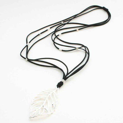 Suede Necklace With Leaf Pendant In Silver Plate