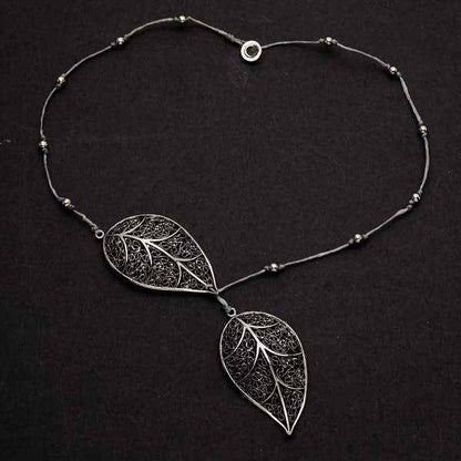 Silver Plate Short Double Leaf Necklace