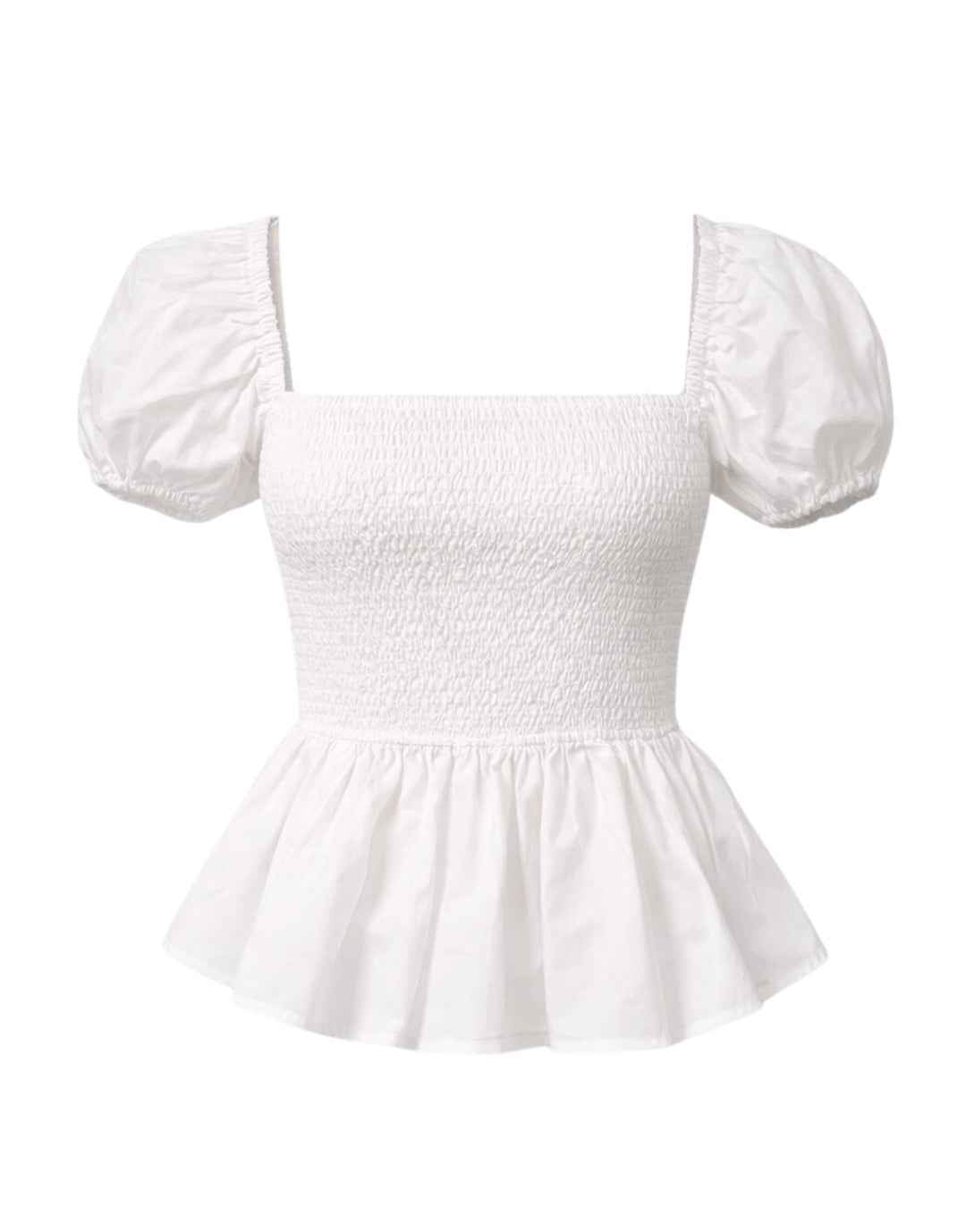 Sera – Cotton Poplin Puff Sleeve Peplum Blouse Top In White