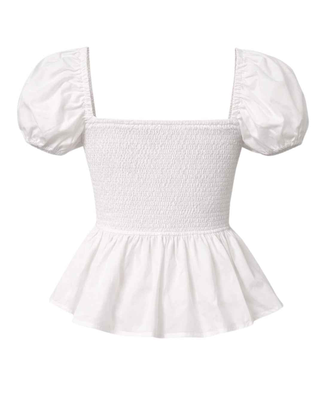 Sera – Cotton Poplin Puff Sleeve Peplum Blouse Top In White