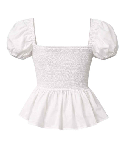 Sera – Cotton Poplin Puff Sleeve Peplum Blouse Top In White