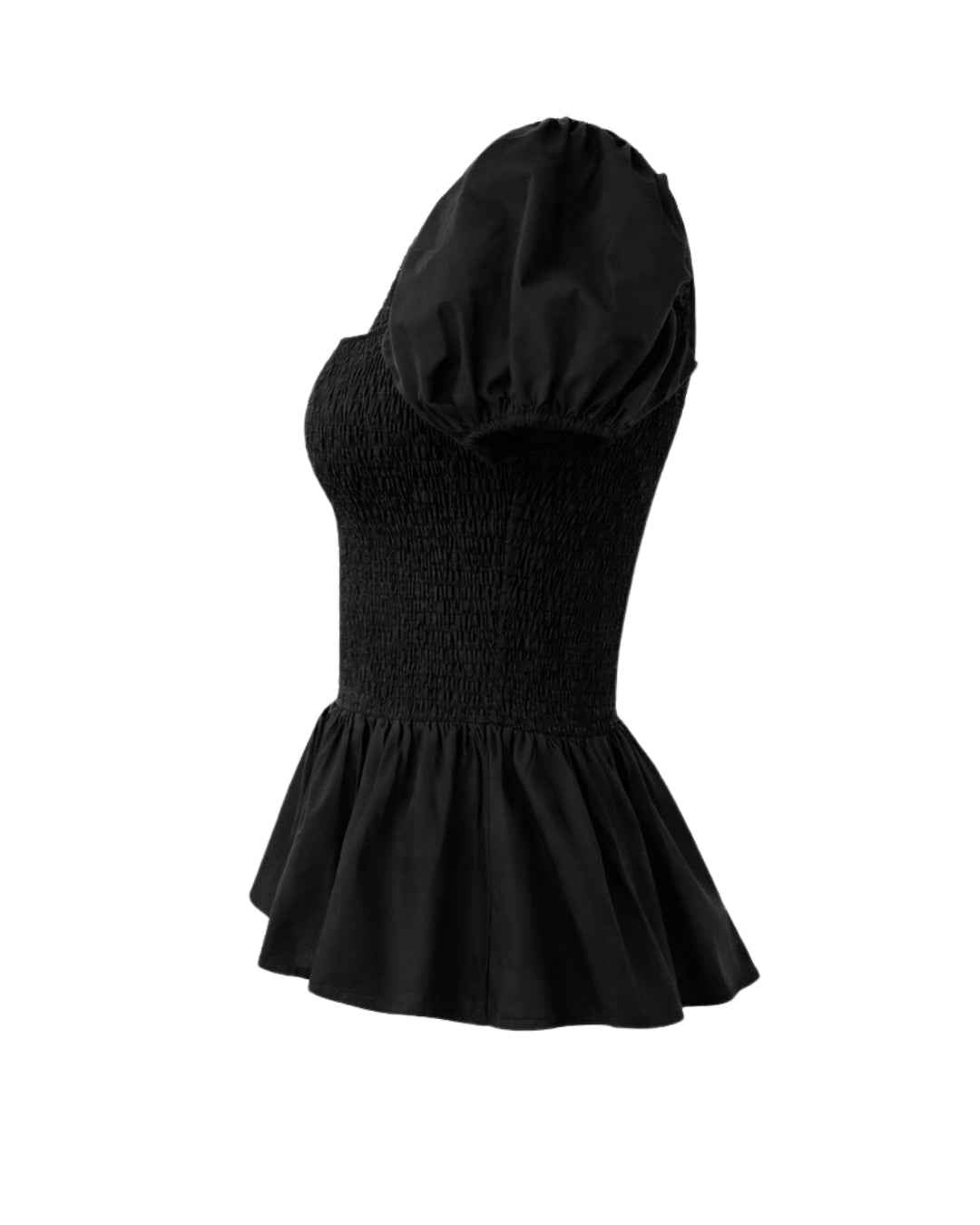 Sera – Cotton Poplin Puff Sleeve Peplum Blouse Top In Black