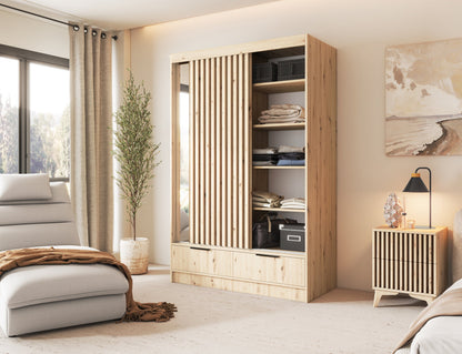 Voodi II Oak Wood Paneled Free Standing Wardrobe - Light Artisan Oak