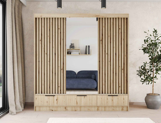 Voodi III Oak Wood Paneled Free Standing Wardrobe - Light Artisan Oak