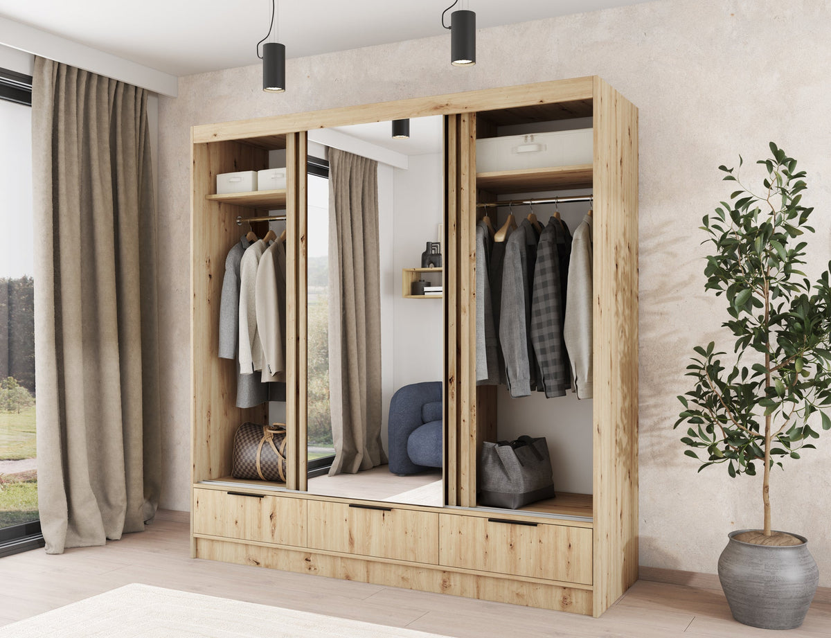 Voodi III Oak Wood Paneled Free Standing Wardrobe - Light Artisan Oak