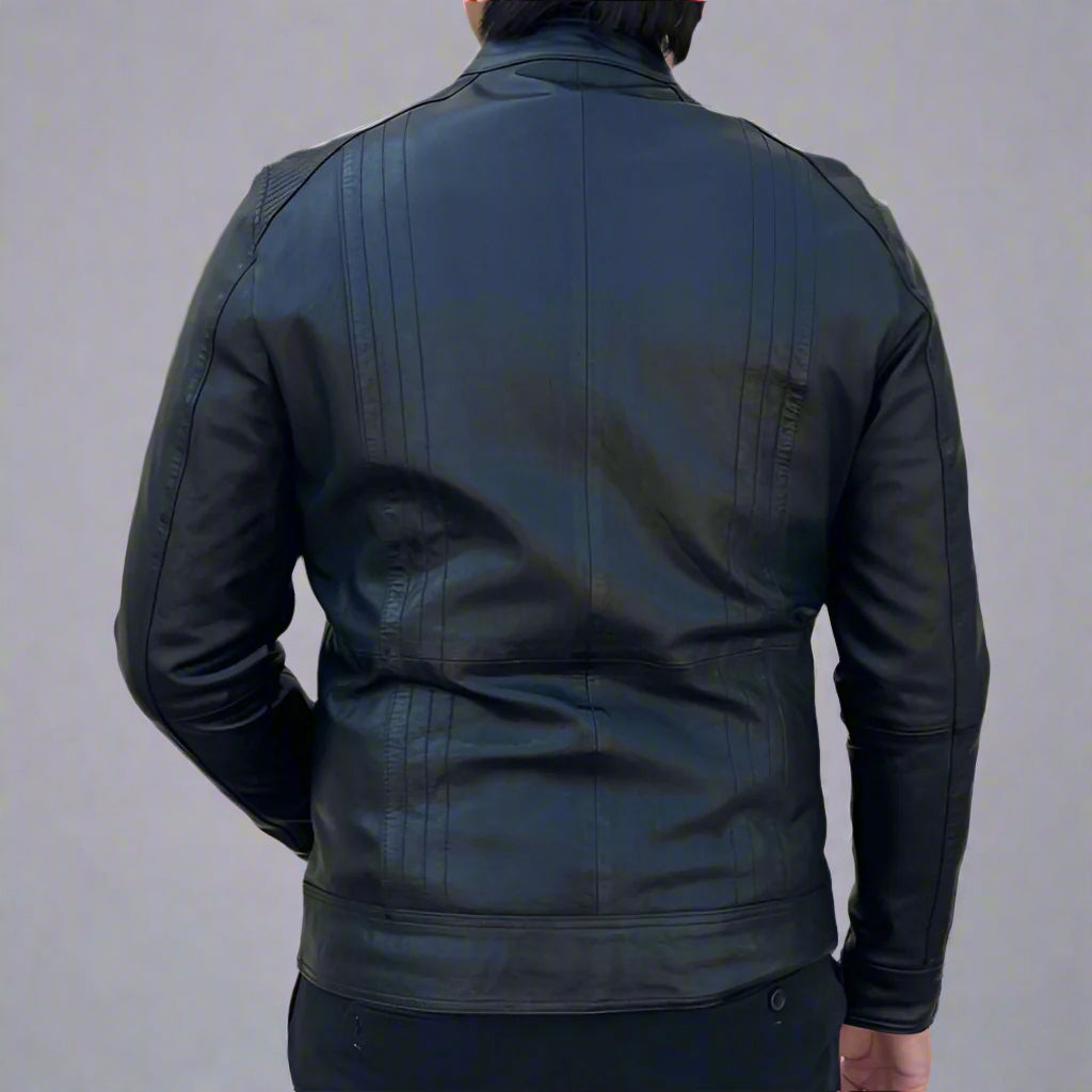 Men’s Sheep Leather Jacket. 4-Pocket, Stand Snap Collar & Silver Zippers