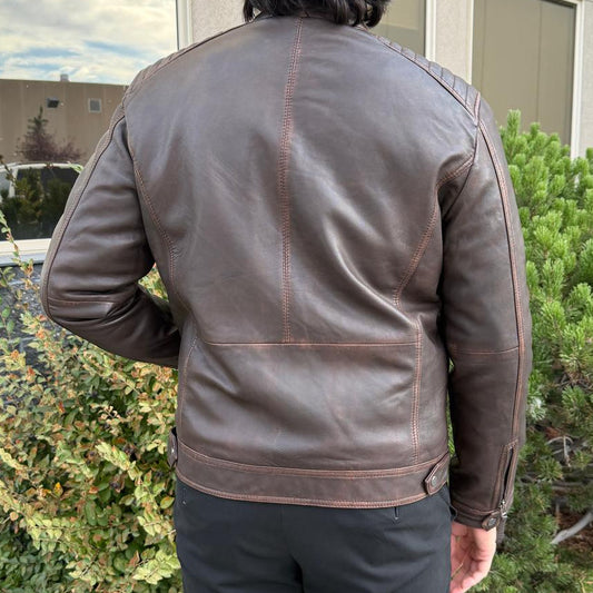 Men's Lamb Leather Jacket. Brown Vintage Style with Zip Pockets