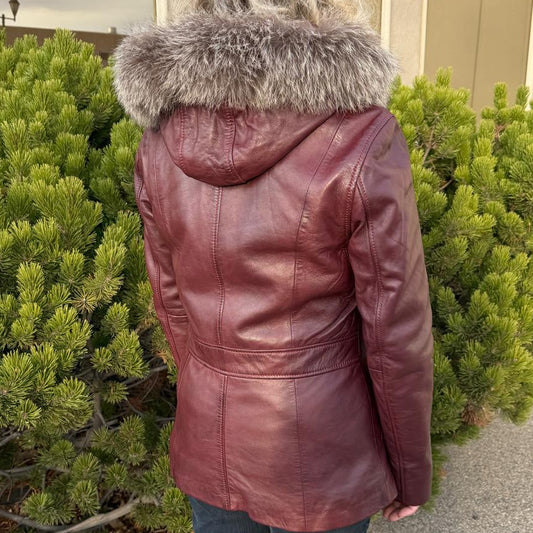 Women's Sheepskin Leather Jacket with Real Fox Fur Trim