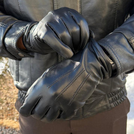 Men's Black Sheepskin Leather Gloves with Wool Blend Lining