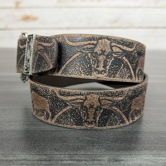 Keldon Men's Western Belt Embossed Leather with Bull Design and Removable Silver Buckle