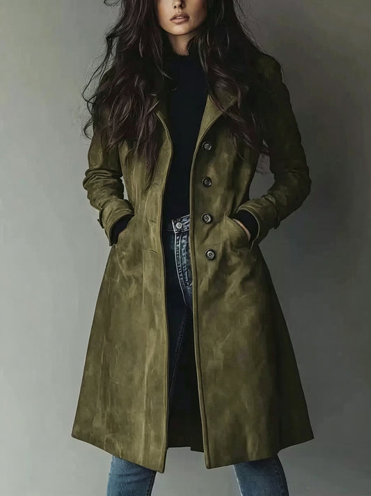 Women’s Suede Lapel Trench Coat – Mid-Length Fall & Winter Belted Jacket