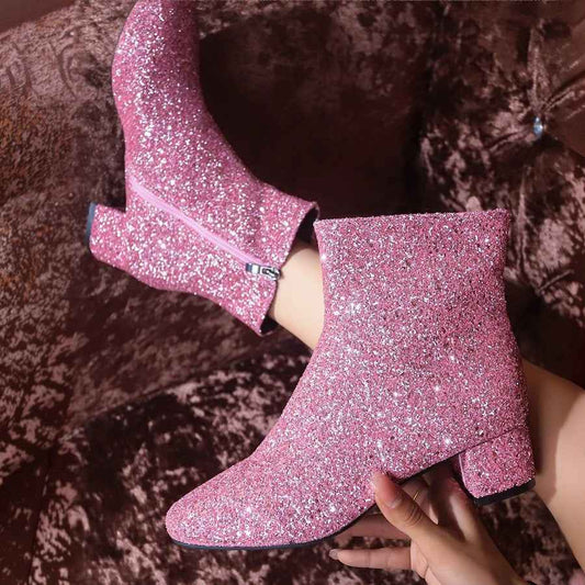 Women's Fashion Chunky Heel Boots – Cozy Faux Fur Detail Slip-On Shoes