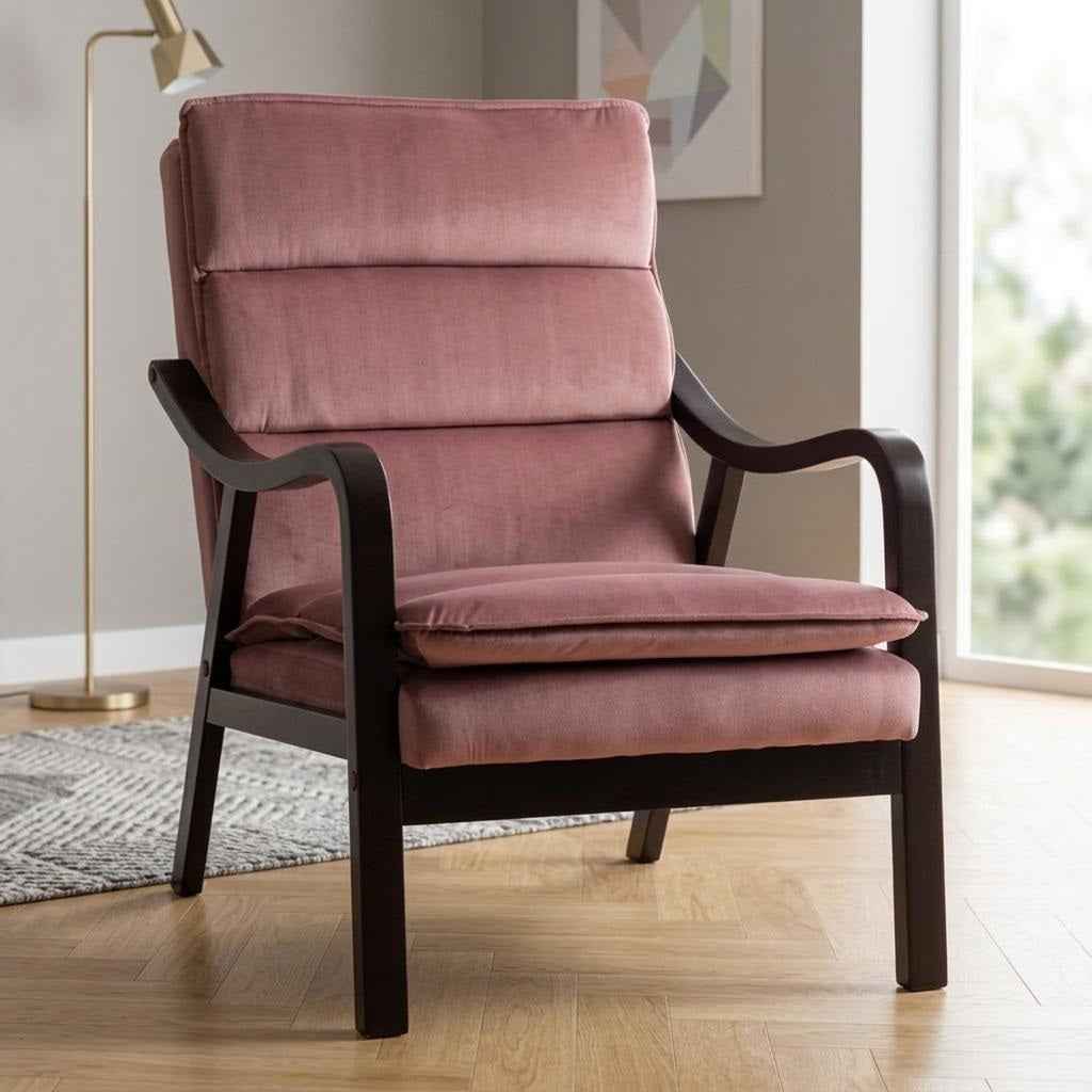 Mid-Century Modern Rose Accent Chair – Velvet Upholstered Reading Chair with Wood Armrests (United States Delivery Only)