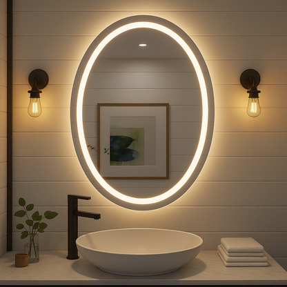 Ondelle Oval LED Bathroom Mirror — Front-Lit Ring + Backlit Halo, Anti-Fog | 24″×32″, 30″×36″