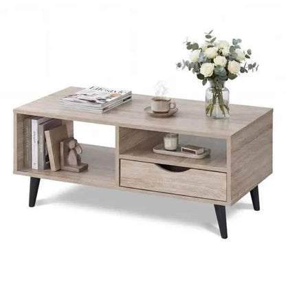 36.5" Rustic Coffee Table With Drawer & Open Shelves, Engineered Wood Center Table For Living Room Natural