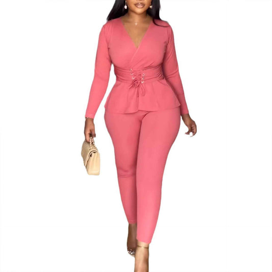 Women's V-Neck Two Piece Set – Long Sleeve Top and Pants Elegant Workwear Outfit