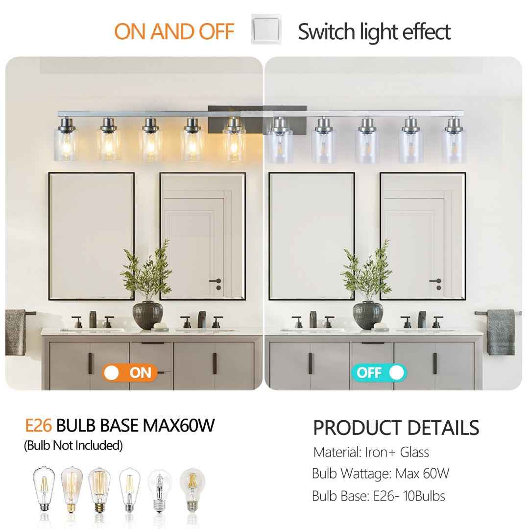 10-Light Brushed Nickel Bathroom Vanity Light Fixture – Clear Glass Wall Sconce Over Mirror with E26 Bulbs