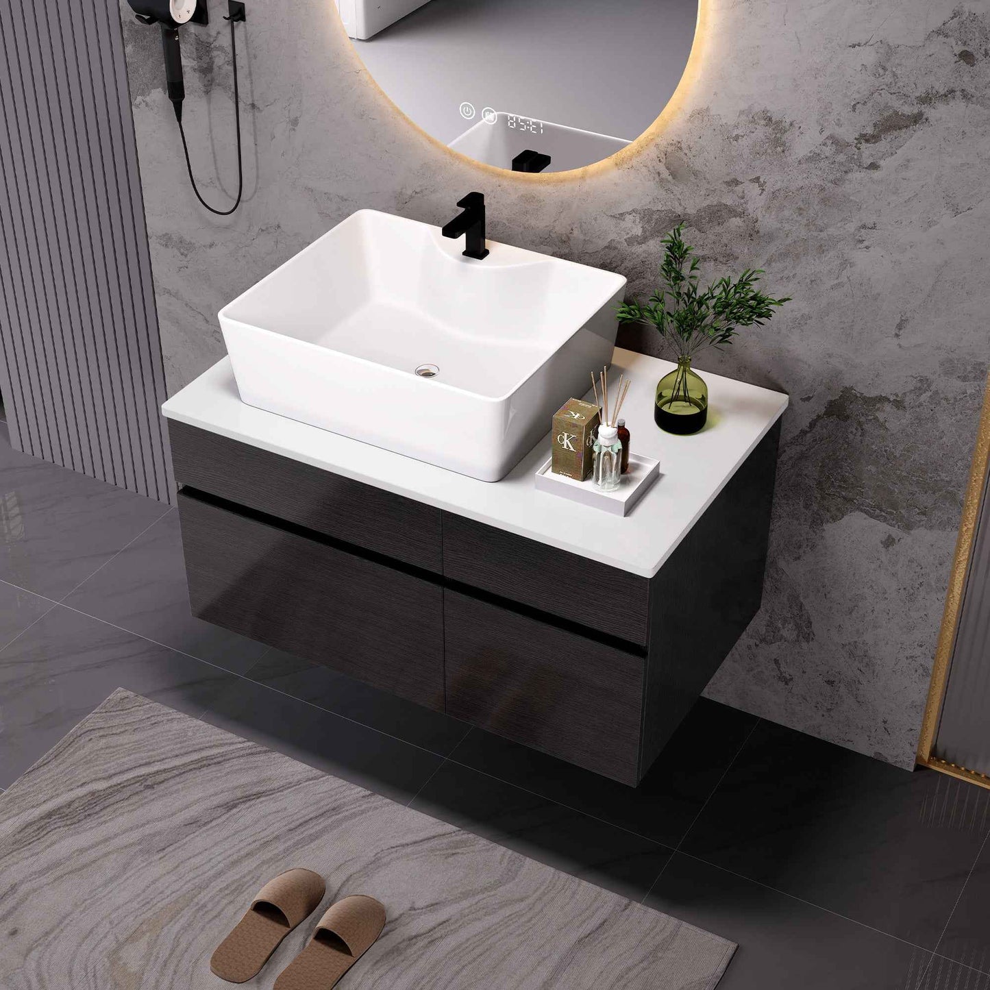 31.5" Floating Bathroom Vanity with Ceramic Vessel Sink – Modern Wall Mounted Single Vanity