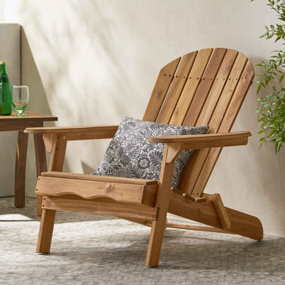 Folding Adirondack Chair – Teak Acacia Wood Outdoor Lounge Chair with Wide Armrests & Slatted Back