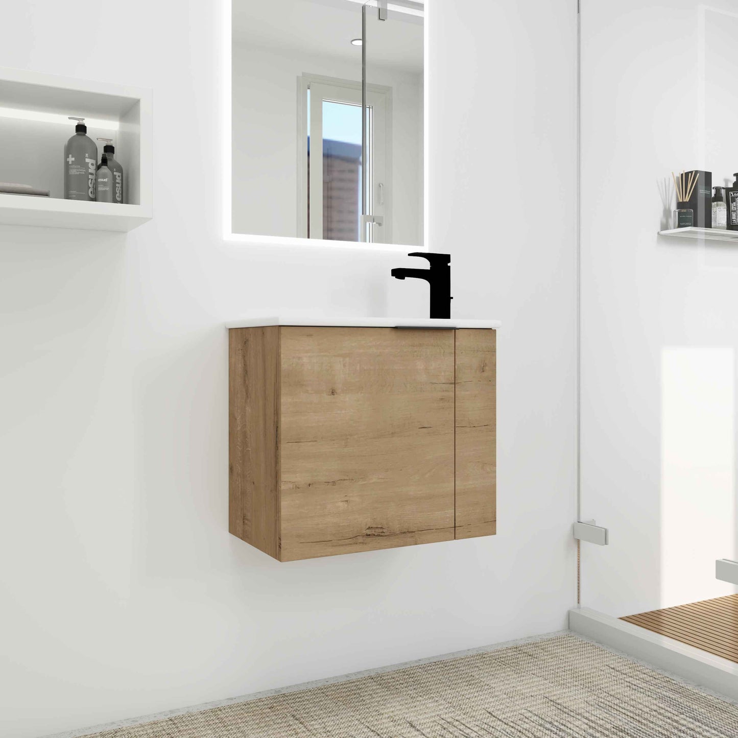 22-Inch Floating Bathroom Vanity with Ceramic Sink – Modern Wall-Mounted Vanity with Soft-Close Door, Oak Finish